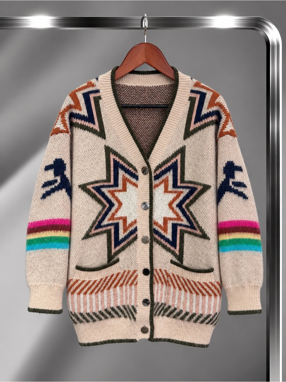 Zadig & Voltaire Star Jacquard Longline Cardigan Rainbow Stripe Sleeves Snap